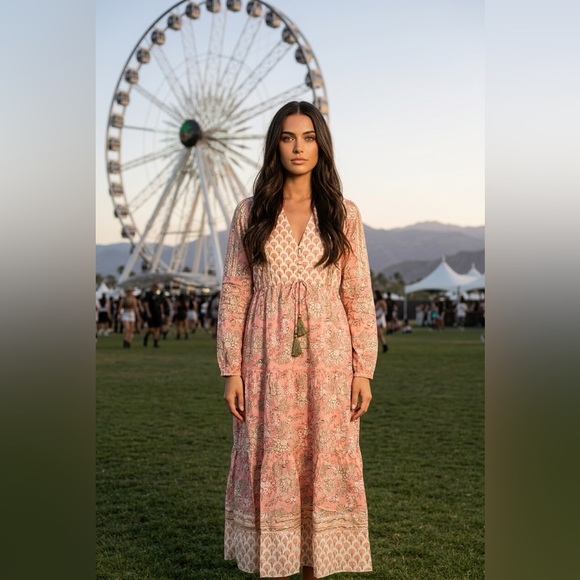 Jaded Gypsy Dresses & Skirts - JADED GYPSY S/M Bohemian Pink Floral Maxi Dress with Tie Waist